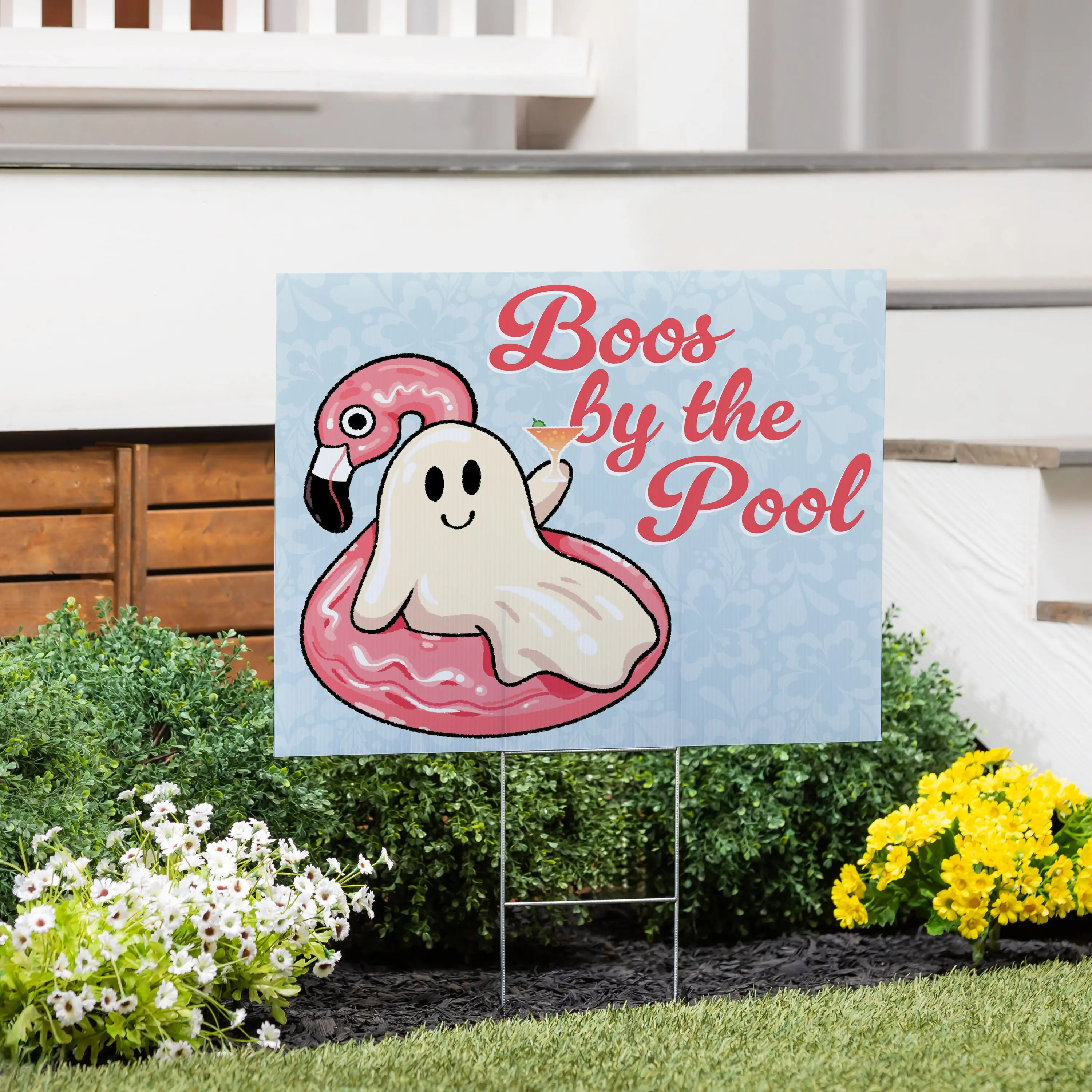 Summerween Boos by the Pool Outdoor Sign, 24in x 18in - Home Garden Halloween Decor