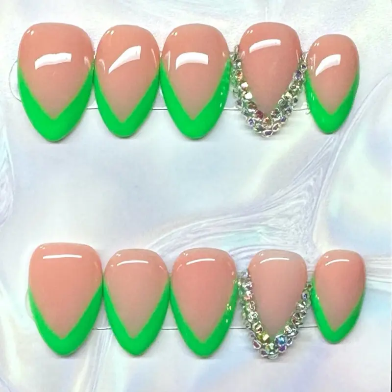 Neon Green V Style French Design with bling, 10 PCS Handmade Acrylic Press On Nails - Glossy Finish, Available in Various Sizes and Shapes, Premium Quality