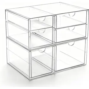 Acrylic Drawer Makeup Organizer with 6 Drawers (Not for Baby Bottle), Set of 2 Clear Stackable Storage Drawers for Office Desk, Vanity and Craft, Largest Drawer 4" Tall