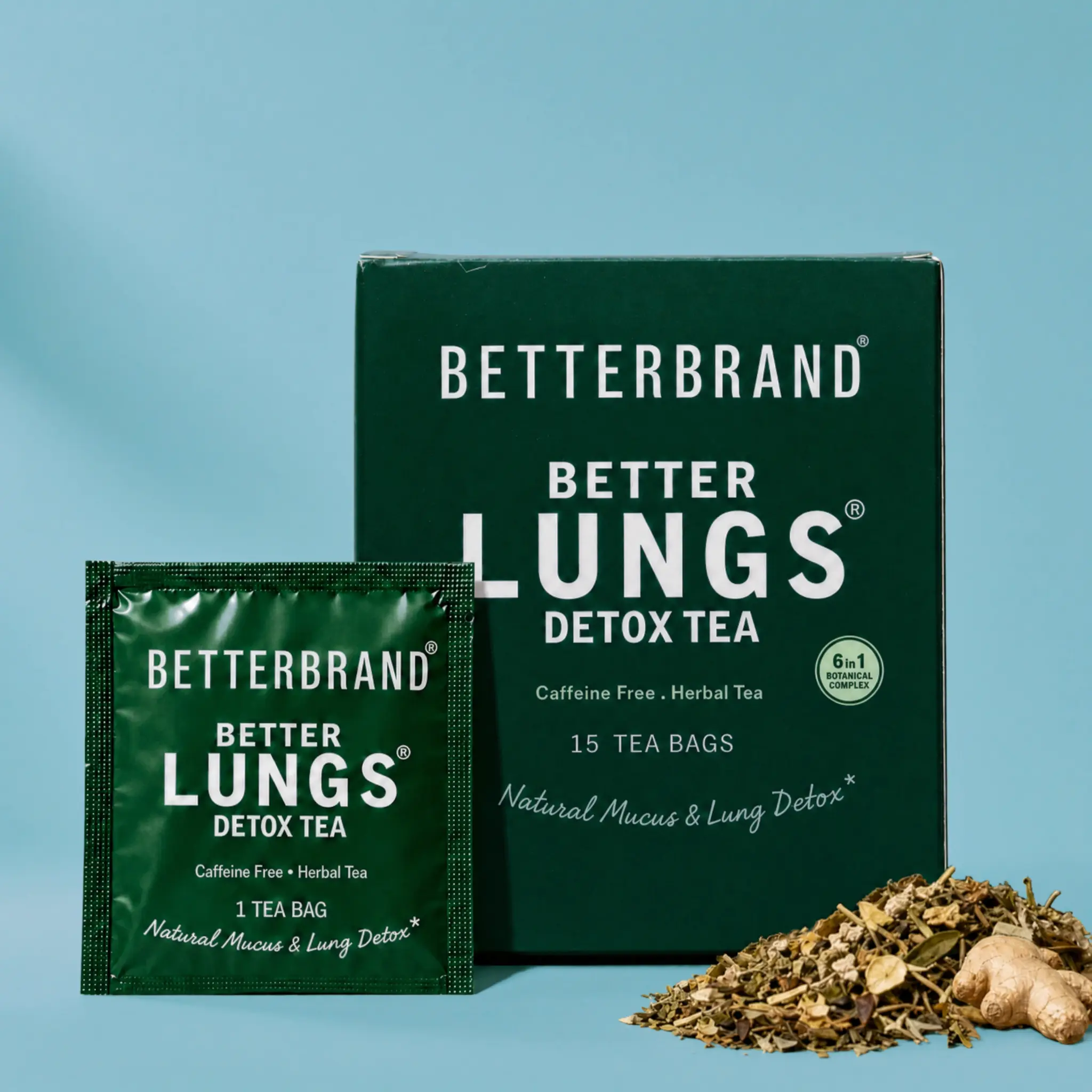 Betterbrand Herbal Lung Detox Tea Bags - Mullein Leaf, Ginseng, Elderberry, Ginger & Thyme for Lung Cleanse & Mucus Detox - 15 Tea Bags for Healthy Natural Respiratory Relief