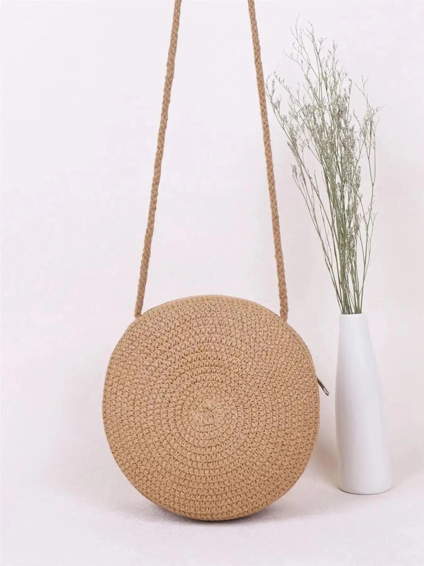 Women's Simple Round Straw Bag, Fashionable Boho Style Shoulder Bag, Casual Versatile Crossbody Bag for Beach Vacation