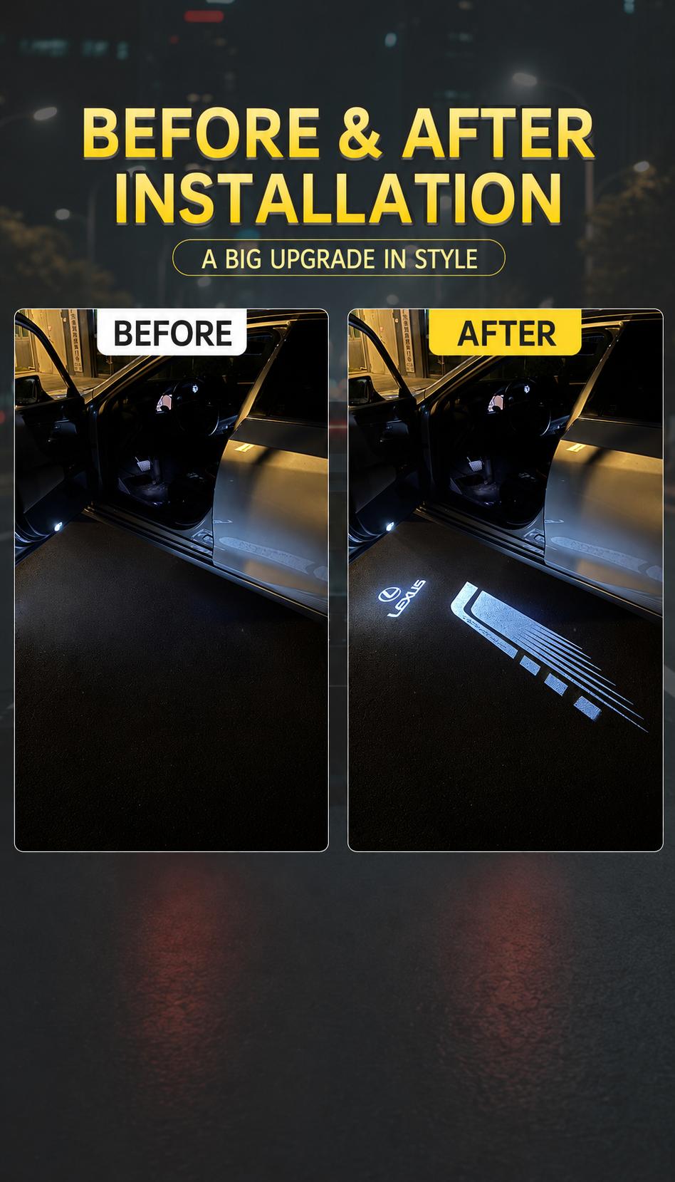 Vehicle-Specific Fit LED Car Door Projector Lights with Logo Patterns for Lexus ES, LS, UX (2019-2025), IS, RX300, RX200, LC - Front Doors Only, Courtesy Ground Upgrade
