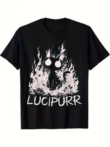 Men's Gothic Edgy Lucifer Cat Graphic T-Shirt - Oversized Black Flaming Cat Tee, LUCIPURRR Funny Demon Kitty Print, Grunge Streetwear Aesthetic, Vintage Dark Art Casual Shirt for Guys, Comfort Crew Neck Short Sleeve