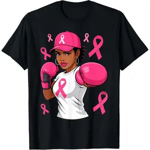 100% Cotton Unisex Women Black African American Fight Breast Cancer Pink Ribbon T-Shirt