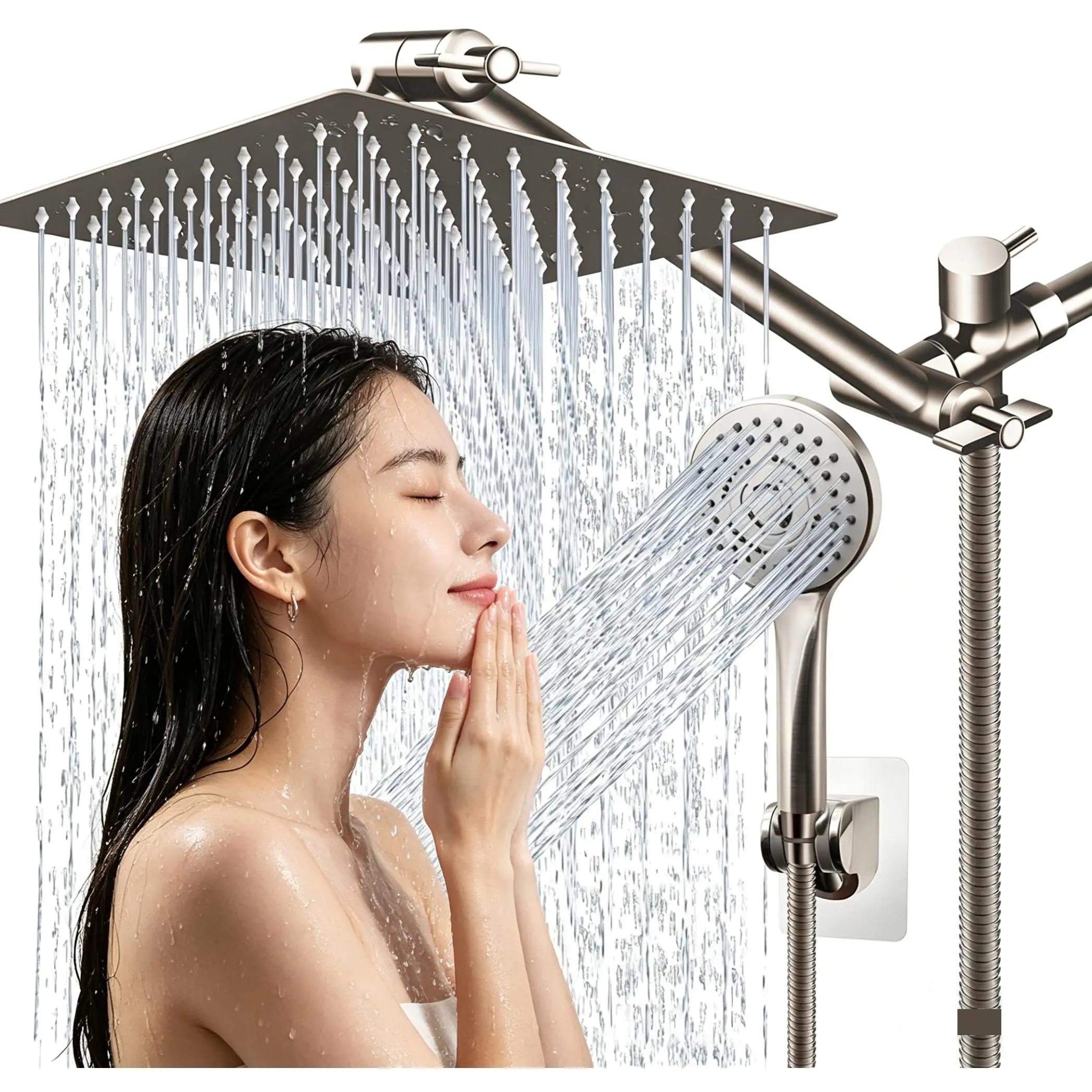 High-Pressure Shower Head with Dual Functionality, 8-Inch Square Rainfall Head and Handheld Combo in Chrome Finish, 11-Inch Adjustable Arm and 5-ft Stainless Steel Hose, Rain Shower, Luxury, Strong, Consistent Flow, Shower Heads, Wall Mount