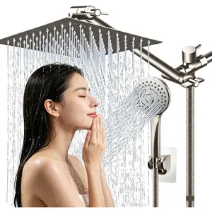 8” Square High Pressure Rain Shower Head with Handheld Spray Combo, 11” Adjustable Extension Arm, 5FT Stainless Steel Hose, Chrome/Nickel Bathroom Shower Set