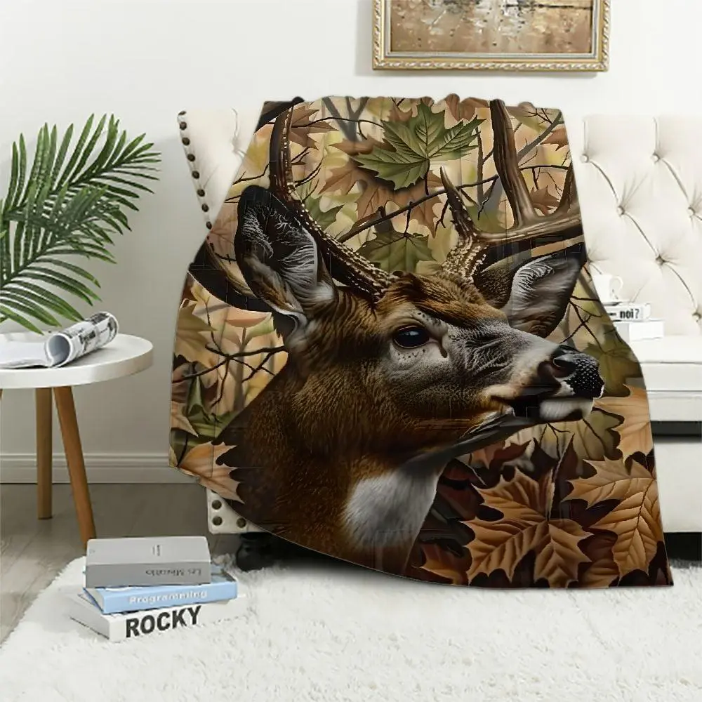 ONETECH Camo Deer Trees Camouflage Flannel Throw Blanket for All Seasons 50x60in
