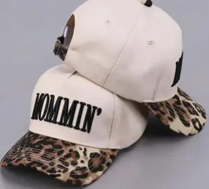 Women's Mommin Embroidered Trucker Hat, Leopard Brim Adjustable Vintage Canvas Cap, Mom Life Casual Wear Bad Hair Day Gift for Mom, Love Gift, baseball