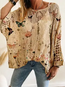 Women's Floral Butterfly Print Long Sleeve Oversized Fit Thin Knit Top Sweater, Casual Elegant Vacation Style, Spring Summer Autumn Winter Fashion Knitwear Womenswear
