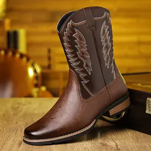 Men's Western Cowboy Style Embroidered High-top Boots, Square Toe Design Non-slip Rubber Sole Work Boots, Suitable for Various Occasions Matching