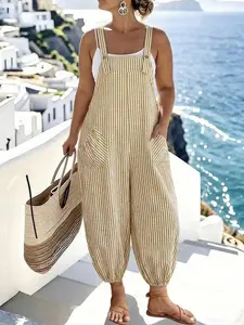 Elegant Women's Spring Summer Striped Pocket Bib Overalls, Casual Fashion Commuter Pants, Comfortable and Stylish