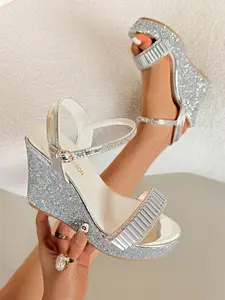 Elegant Sequined Wedge Peep Toe Sandals for Women, Rhinestone Strap High Heels with Waterproof Platform, Casual Luxury Shoes, Wedge Heeled Shoes