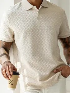 Men's Herringbone Textured Knit Polo Shirt - Menswear Premium Breathable Casual Top with Embossed Chevron Weave, Ribbed Cuffs, Classic Collar for Business Casual, Daily Wear