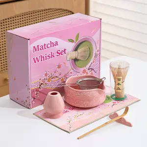 Cherry Blossom Design Matcha Whisk Set - Complete Ceremony Kit with Spouted Ceramic Chawan Bowl, Coffee & Tea Utensils, Brewing Tools & Accessories, Traditional Set for Lattes & Gift Giving