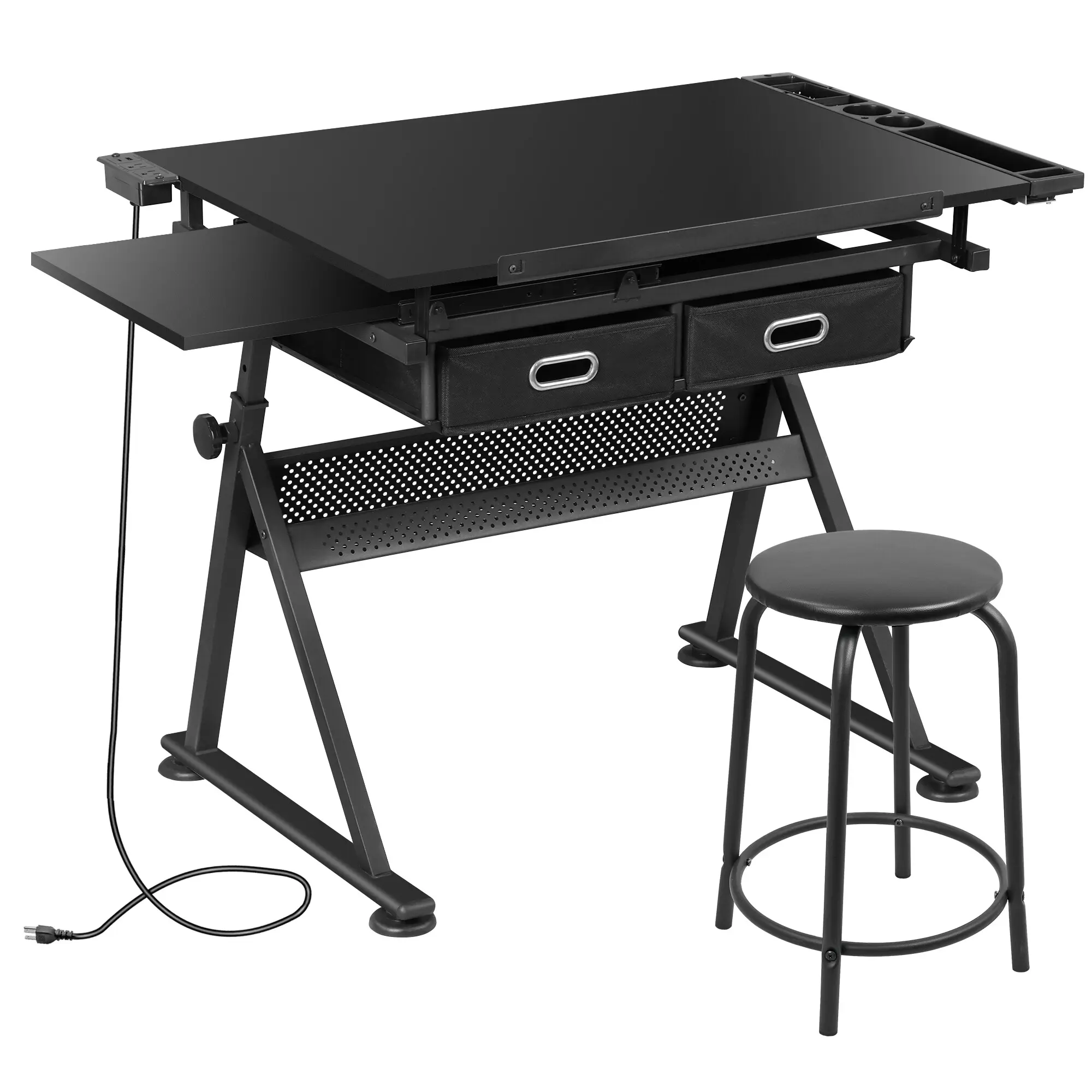 Segawe Height & Angle Adjustable Drafting Table Art Desk - Durable Steel-Wood Construction, Triangle Legs, Storage Drawers, Black Commercial Office Furniture