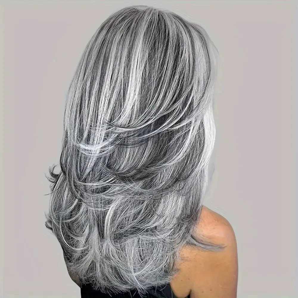 Alrence Long Layered Wavy Wigs for Women Synthetic Natural Hair Wig Silver Grey,Medium-length Salt Pepper Wig With Synthetic Highlight Grey Wave Shaggy Wigs 18Inch Synthetic Hair For Daily Party Use