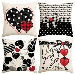 Valentine's Day Themed Cushion Cover, 4 Counts/set Heart & Letter Pattern Square Pillow Cover, Household Decoration Supplies for Home Living Room