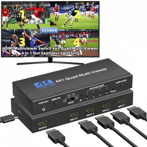 ACHAVE 1 HDMI 4x1 Quad Switcher, 4-Port HDMI Multiviewer with 1 Remote Controller, Seamless Switching, 1080P/4K Resolution, 5 Display Modes for Gaming Consoles, Home/Commercial Use, Broad Compatibility
