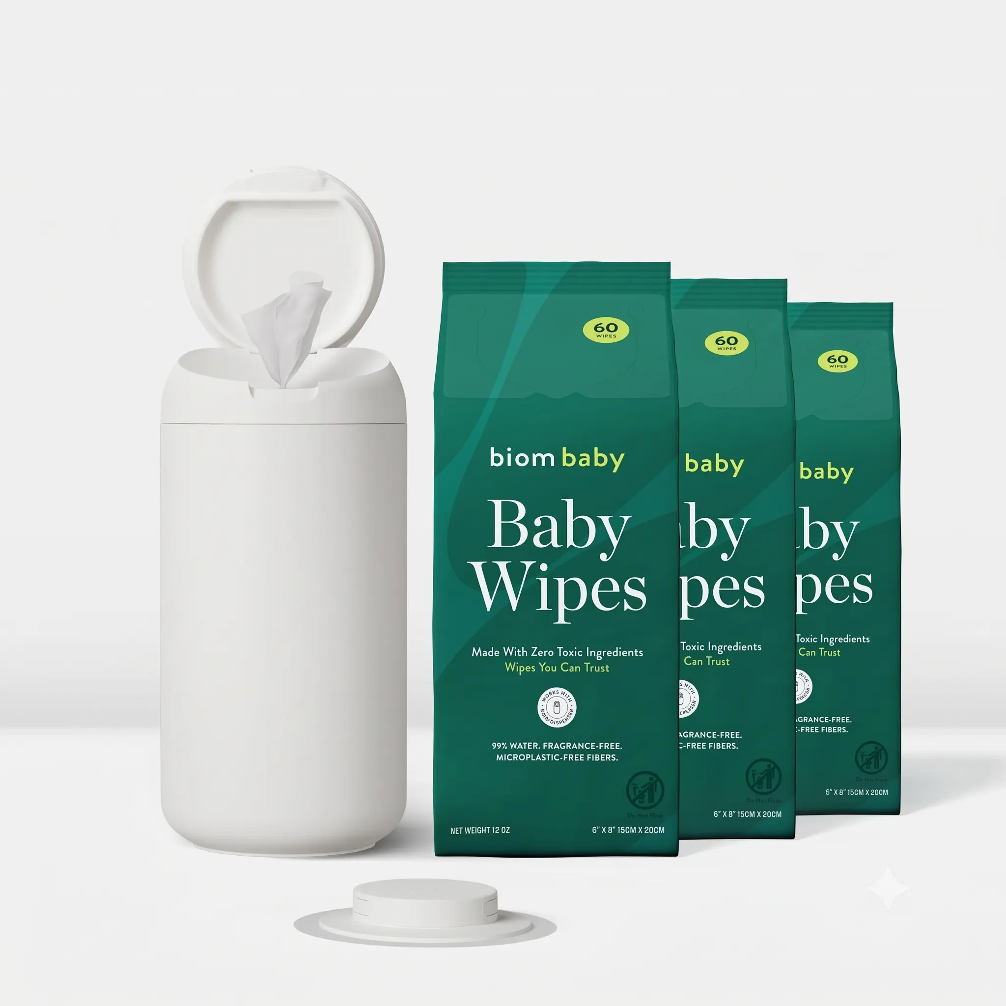 Biom Baby Wipe + One Handed Dispenser (180 ct Baby Wipes) Biom Baby Wipe + One Handed Dispenser (180 ct Baby Wipes)