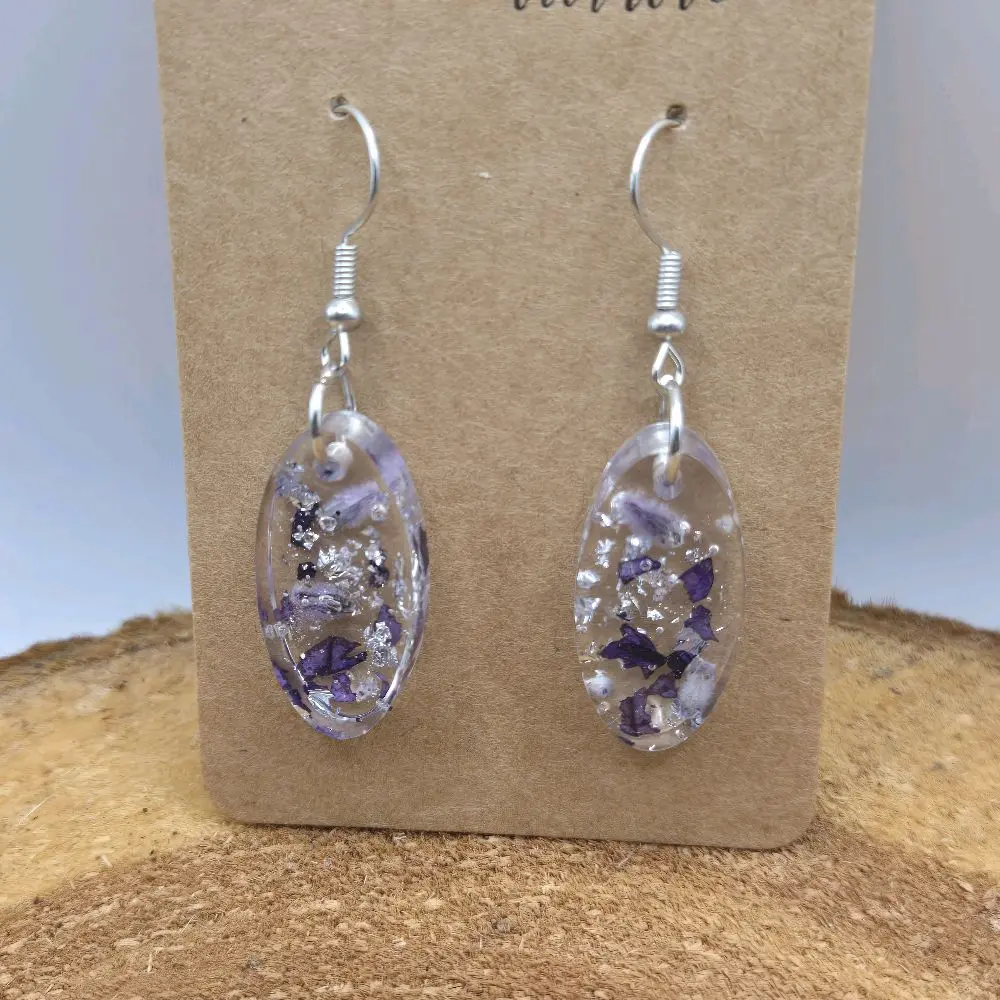 Real Petunia + Russian Sage Oval Earrings – Pressed Flower Jewelry with Silver Leaf | Lightweight Dangles | 2 Length Options