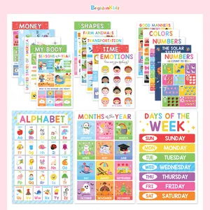 18 Laminated Educational Posters For Toddlers & Preschool, 11x17 Classroom Wall Decor For Kindergarten, PreK Learning Materials, Alphabet, Numbers 1-100, Colors, Shapes, Emotions, Weather, Solar System & More