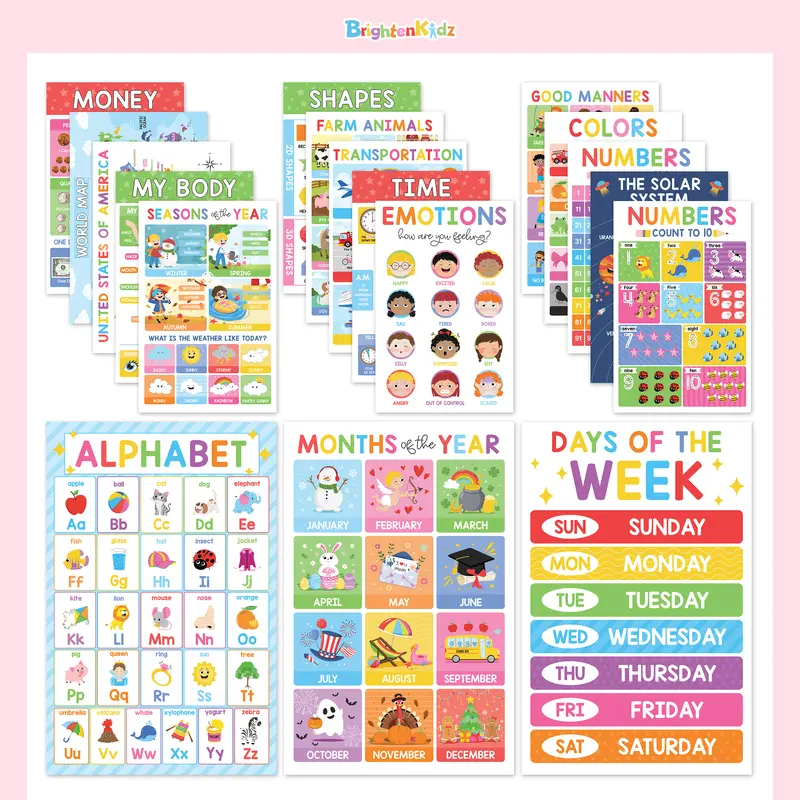 18 Vibrant Laminated Waterproof Educational Posters, 11x17 300 gsm Thick Cardstock Indoor Wall Decor for Toddlers-PreK, Colorful & Playful School Supplies with ABC & 1-100, Calm Down Chart, Classroom Rules, Days of the Week