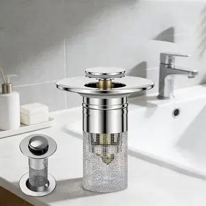 Universal Pop-Up Sink Drain Stopper with Stainless Steel Filter Basket Anti-Clog Debris Catcher Easy Install for Bathroom Kitchen