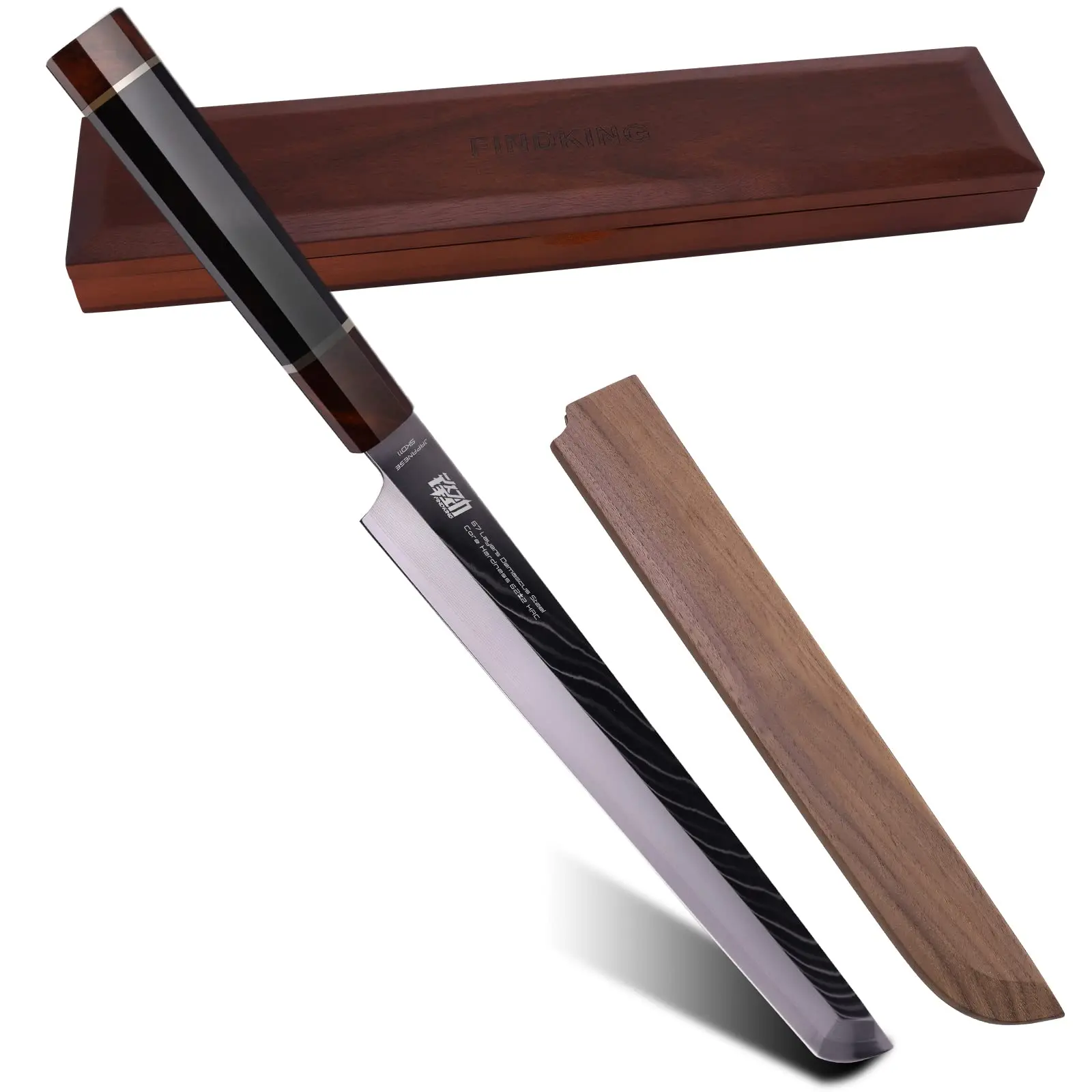 FINDKING Prestige Series 10.5 in Ergonomic SKD11 Steel Damascus Edge Sakimaru Kitchen Knife, Walnut Cover, Ebony Octagonal Grip, +/-+/- 296G Professional Sashimi Sushi Cutting Tool, Wooden Gift Box