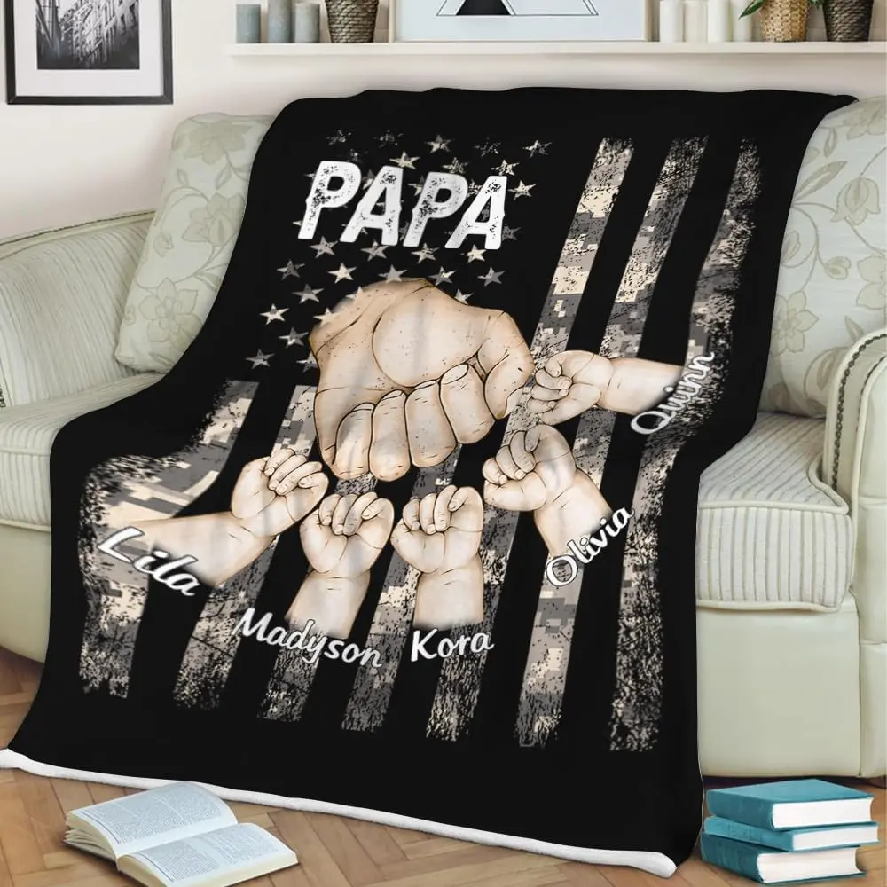 Personalized Fist Bump Dad Blanket with American Flag, Customized Print Blanket for Father - Father's Day Gift for Husband, Grandfather