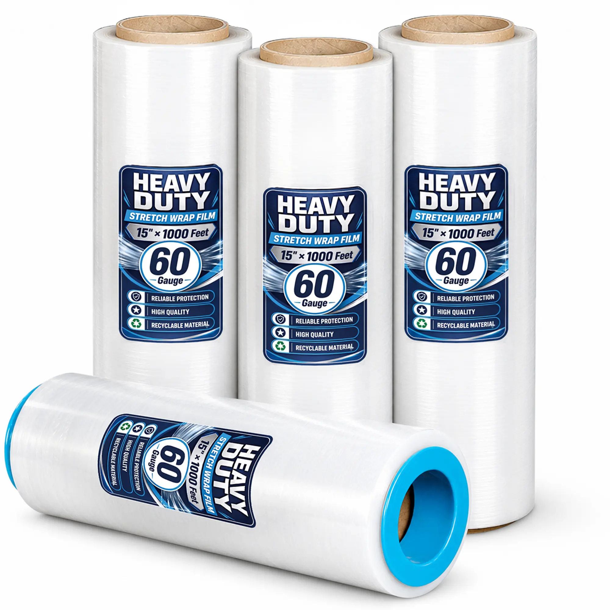 Stretch Wrap Stretch Film Roll, 1000ft Industrial Strength 15 inch Wide Clear Plastic Wrap with Handles for Pallet Wrapping Shipping Moving,60 Gauge, 4 Pack