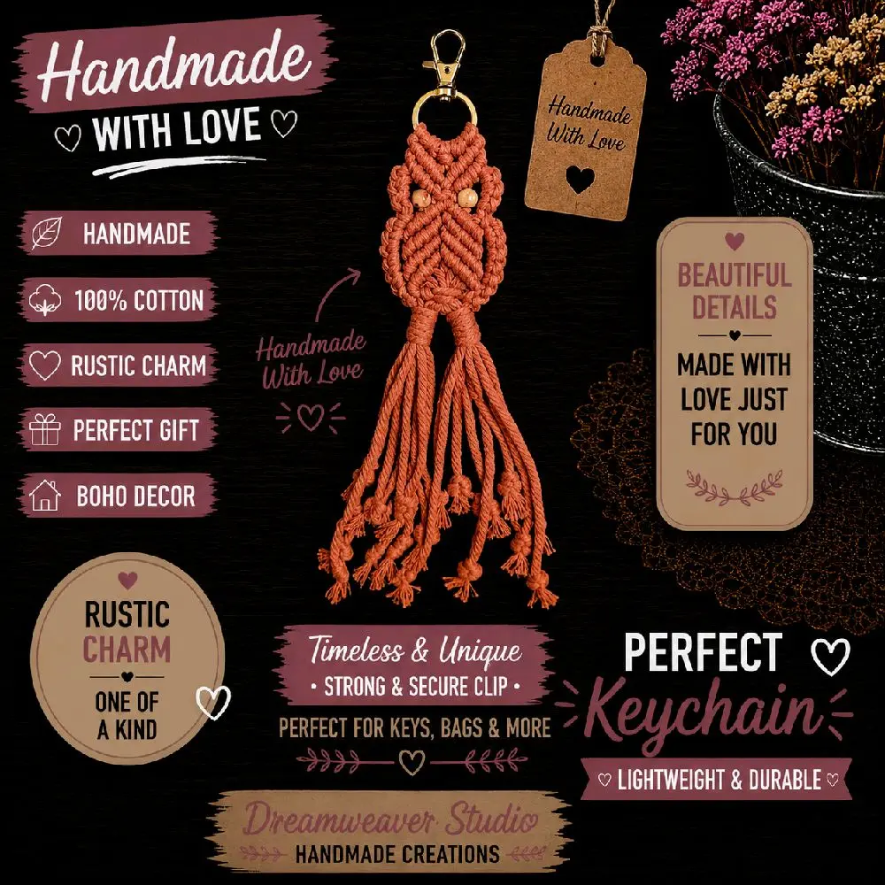 Handmade Macramé Owl Keychain | Boho Cotton Key Fob | Owl Bag Charm | Rustic Handmade Gift | 11 Inch Keychain