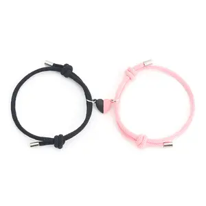 Unisex Heart Bracelet Set-Trendy Matching Couple Bracelets Set - Heart Magnetic Bracelet & Friendship Chain Gift for Her Him, Red & Black Adjustable Unisex Rope Bracelets  sweet heart-shaped bracelet pink charm
