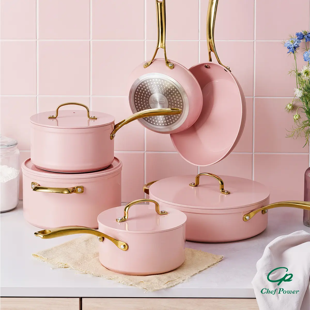 Chef Power Sunray 10pcs Golden Handle Ceramic Nonstick Cookware Set By Series Oven Safe Kitchen Dining Pan Pot Utility white aesthetic cookware Frying Summervibes summerwins A Must-Have Gift for a New Kitchen,familyfun