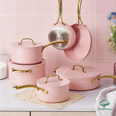 Chef Power Sunray 15pcs Golden Handle Ceramic Nonstick Cookware Set By Series Oven Safe Kitchen Dining Pan Pot Utility white aesthetic cookware Frying Summervibes summerwins A Must-Have Gift for a New Kitchen