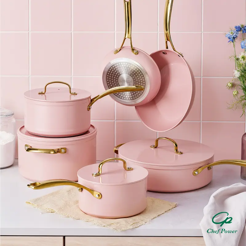 Chef Power Sunray 15pcs Golden Handle Ceramic Nonstick Cookware Set By Series Oven Safe Kitchen Dining Pan Pot Utility white aesthetic cookware Frying Summervibes summerwins A Must-Have Gift for a New Kitchen