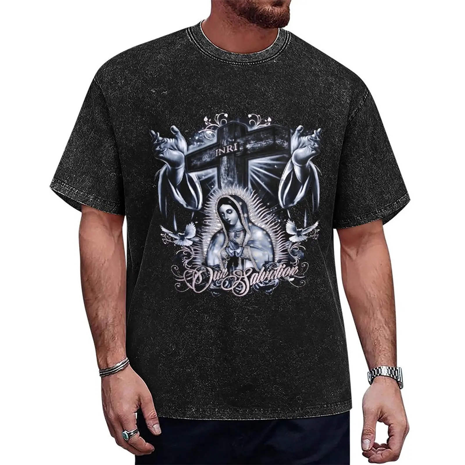 Guadalupe Cross Inri Dove Hands Our Salvation Chicano Clothing Gangster Clothes For Girls Dga Shirt Washed Cotton T-shirt for Daily Life Work & Shopping