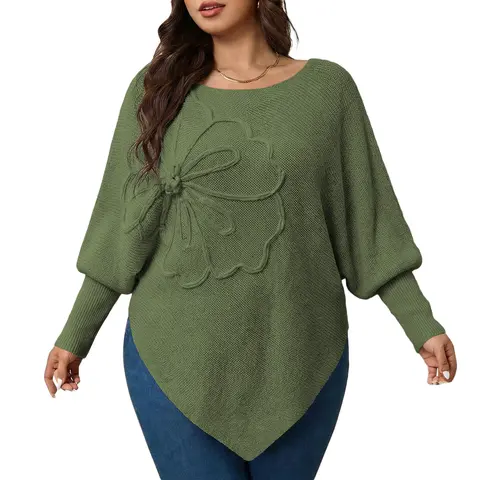Eytino Womens Plus Size Solid Color Floral Embroidery Asymmetrical Hem Boat Neck Batwing Sleeve Drop Shoulder Cozy Loose Sweater (1X-5X) Womenswear