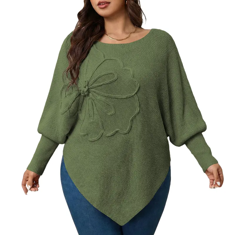 Eytino Womens Plus Size Solid Color Floral Embroidery Asymmetrical Hem Boat Neck Batwing Sleeve Drop Shoulder Cozy Loose Sweater (1X-5X) Womenswear
