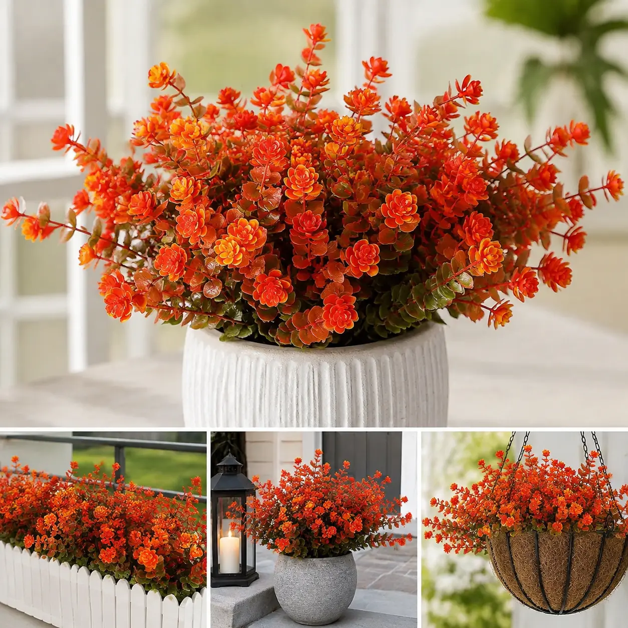8 Pack Faux Autumn Orange Flowers Outdoor - UV Resistant Fake Mums & Greenery Bundles for Front Porch Door Planter Garden Thanksgiving Fall Home Decor