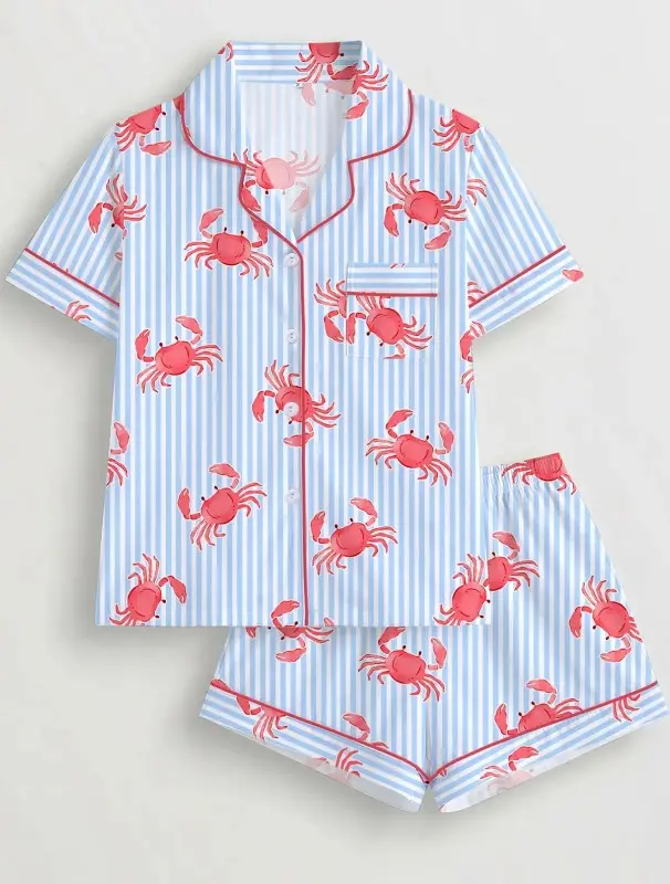 Women’s Flamingo & Striped Print Pajama Sets, Short Sleeve Button Down Top with Shorts or Long Pants, Cute Lounge Sleepwear Multiple Colors