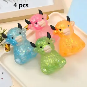 4pcs Highland Cow squishies — mini cute animal decompression squeeze toys for adults, slow-rising sensory fidget stress balls for anxiety relief; perfect as Easter basket stuffers and party favors for cow lovers and animal enthusiasts.