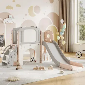 8-in-1 Slide Indoor & Outdoor Playground Playset for Kids-Includes Climber, Basketball Hoop, Telescope, Tunnel, and Storage Space for Backyard & Courtyard Fun，pink