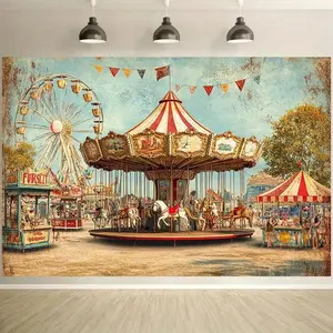 1pc Vintage Carnival Backdrop with Carousel, Ferris Wheel & Bunting - Retro Party Decor for Weddings, Birthdays, Events - Durable Polyester Fabric Banner, Multiple Sizes, No Electricity Needed,