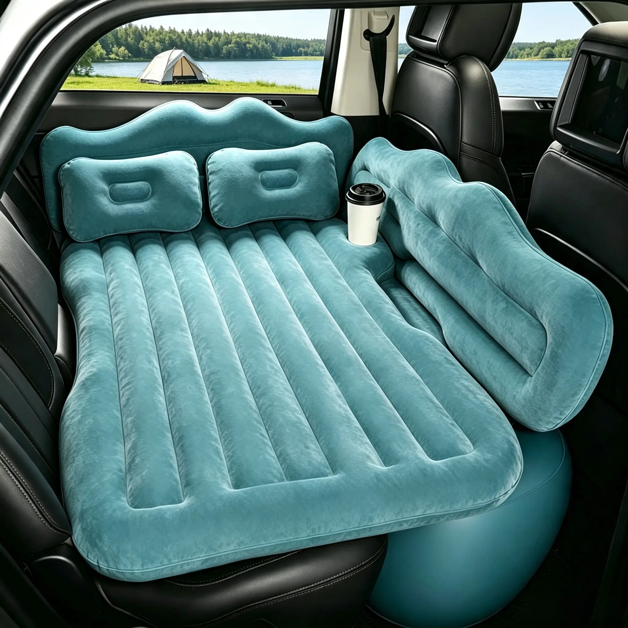 Flocking car inflatable mattress with cup holders and 2 inflatable pillows, thickened leak-proof portable car travel bed, compatible with CAR, SUV, MPV, perfect for self-driving camping rest, comes with cup slots, includes an electric air pump