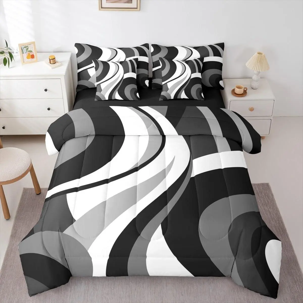 Gray Black White Spiral 7-Piece Bedding Set Modern Swirls Stripes Abstract Bed in a Bag Minimalists Boho Aesthetic Geometric Comforter Set with Sheets Graffiti Art Lines Duvet Insert