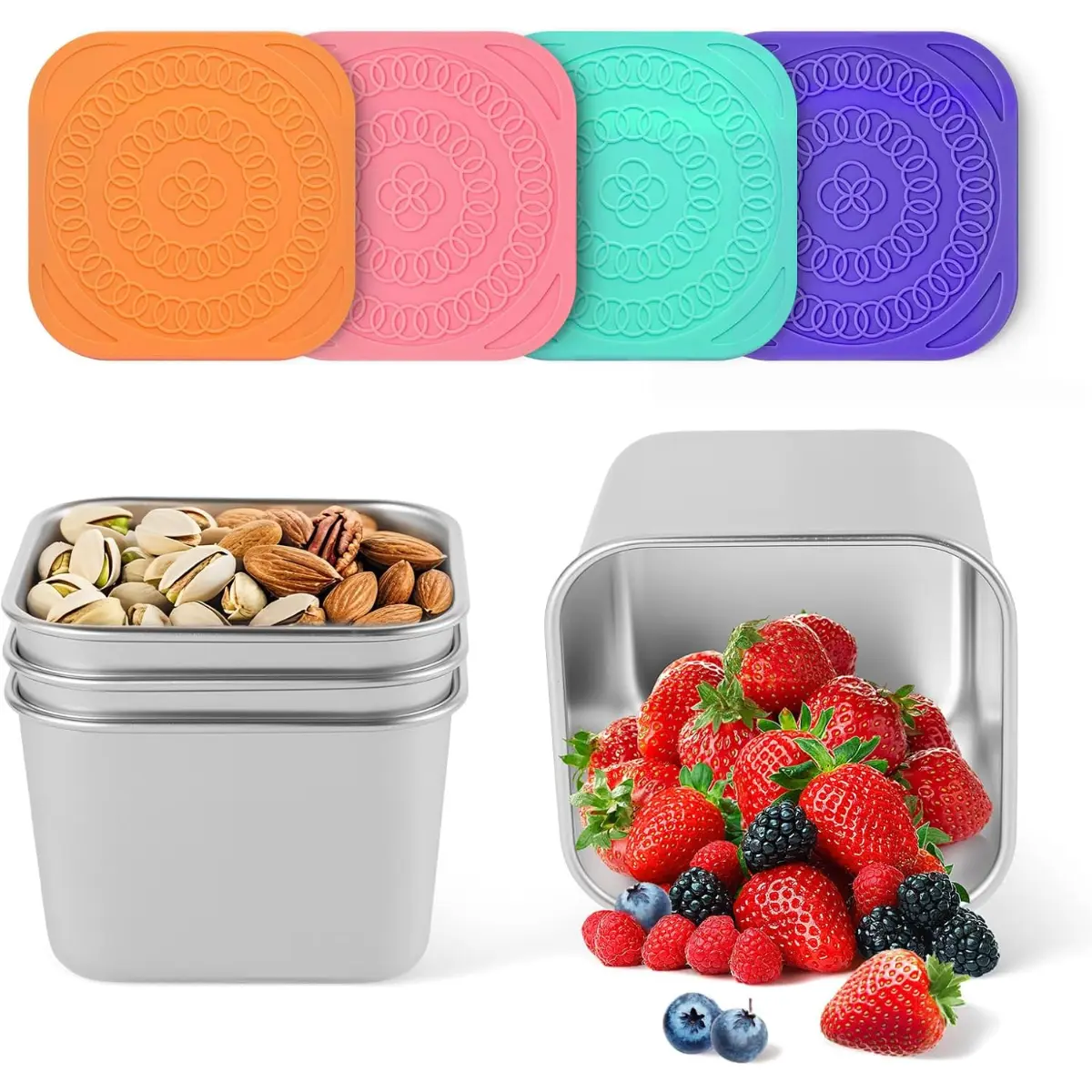 4Pack 6oz Reusable Stainless Steel Snack Containers for Kids, Easy Open Leak Proof Metal Small Toddler Snack Containers with Silicone Lids, Stackable Metal Toddler Lunch Box for Daycare School Travel