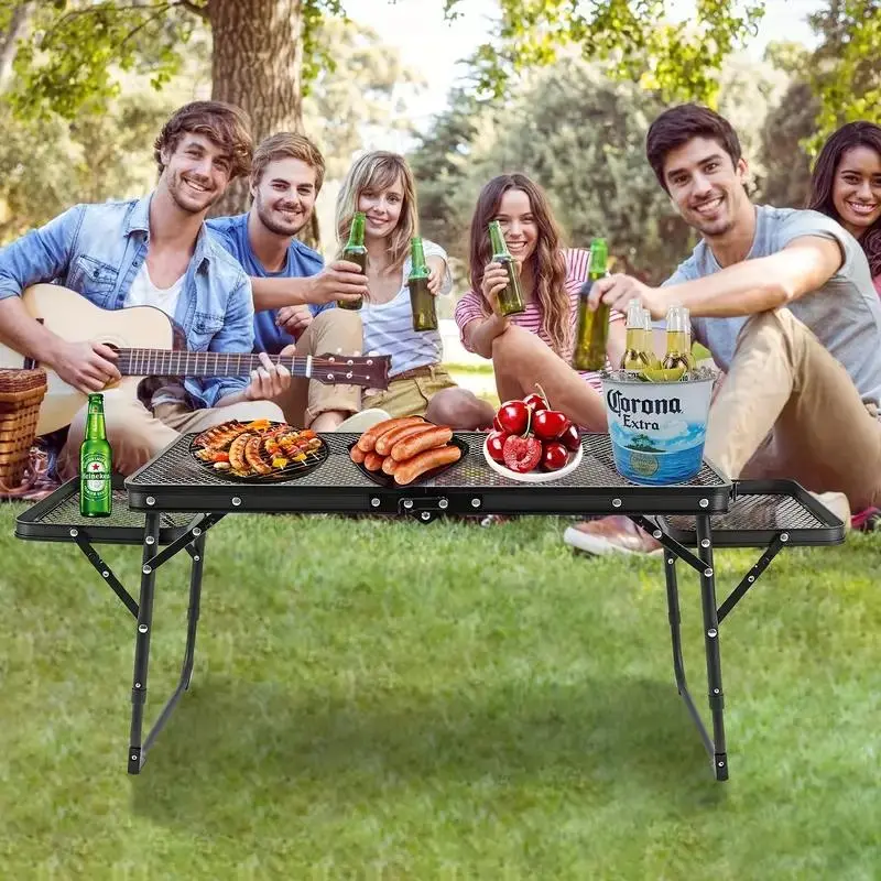 Portable Folding Camping Table, Adjustable Height Table with 2 Side Shelves, Outdoor Table Suitable for Camping, Picnic, Beach and Barbecue