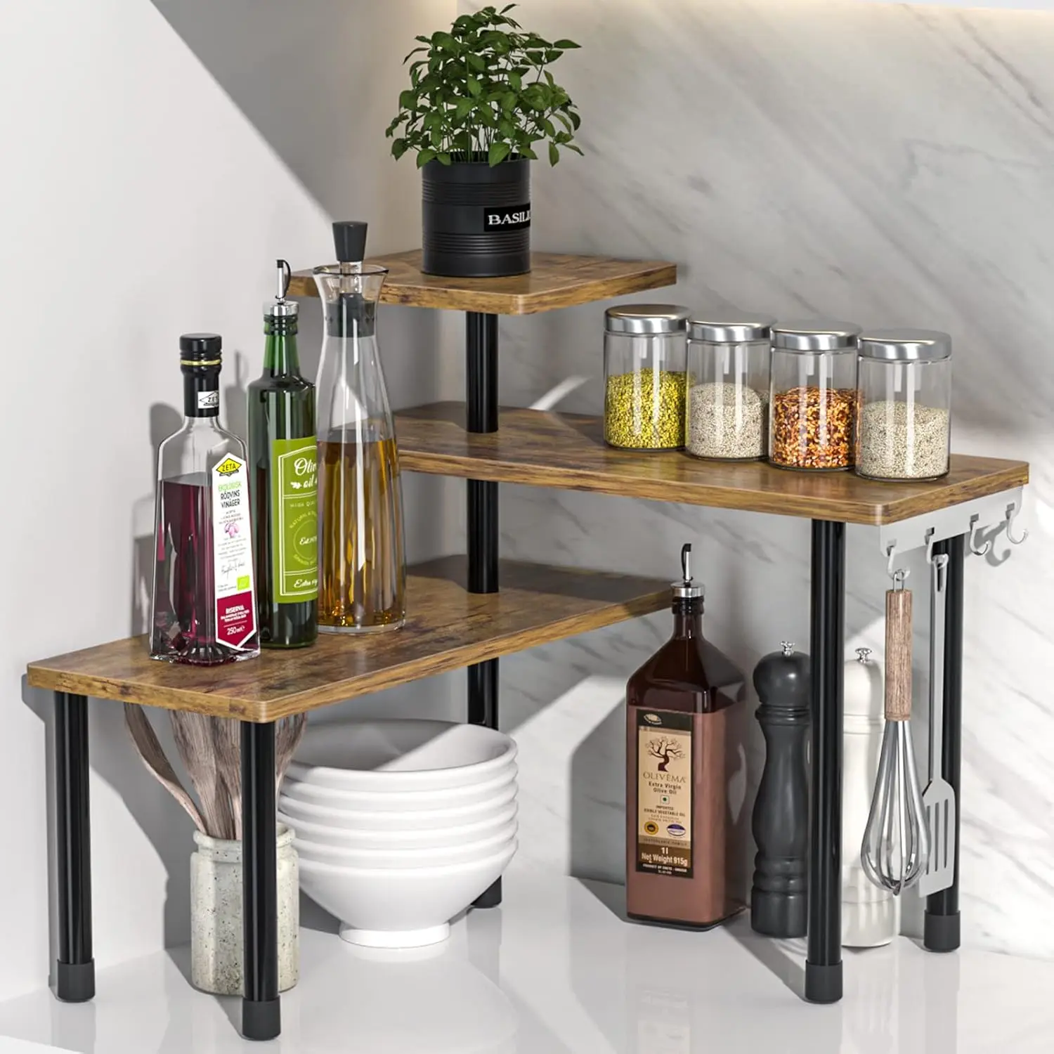 3 Tier Adjustable Countertop Corner Shelf Organizer, Multi-Purpose Kitchen Spice Rack, Freestanding Storage Shelf for Coffee Station, Bathroom Vanity & Dresser