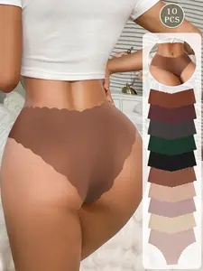 10 pieces of solid color and printed seamless wave edge V-shaped sexy women's underwear, skin-friendly, soft, comfortable, and suitable for daily wear, Fashion Comfy Underwear