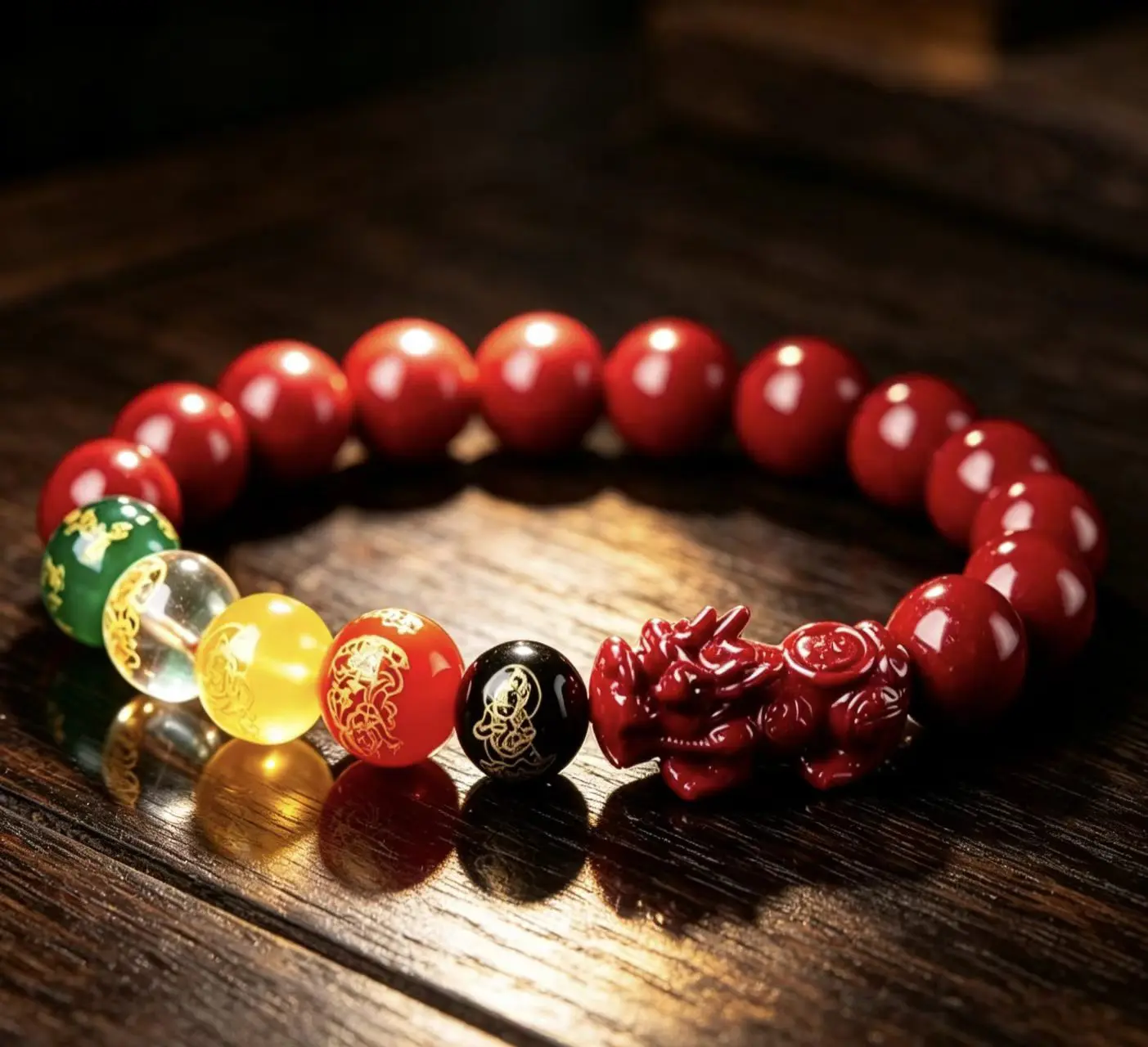 Zodiac Year Protection Bracelet - Red Talisman Stone Beads with Pixiu & 5 Lucky Charm Spheres, Spiritual Jewelry Gift